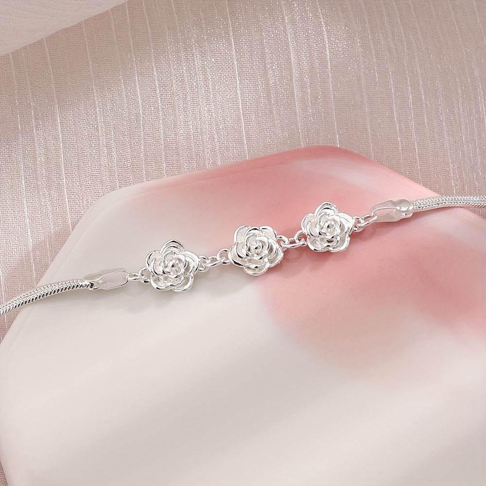 Handcrafted Silvery Rose Double Layer Pendant Bracelet
